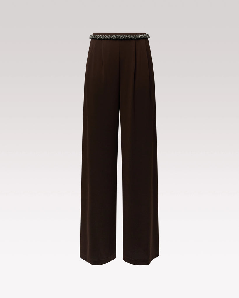 Bea Fluid Pants Choco – Hibourama | Capsule Meraviglia, front view with jewel belt