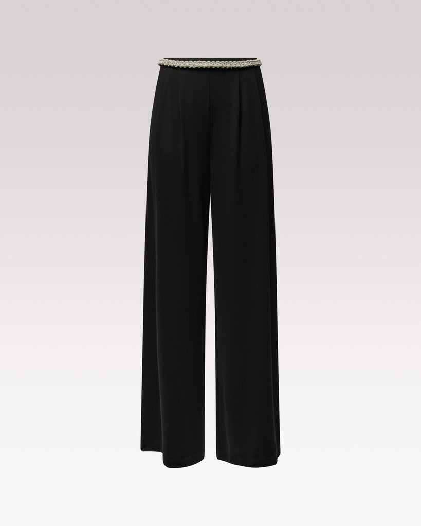 Bea Fluid Pants Black – Hibourama | Capsule Meraviglia, front view with jewel belt